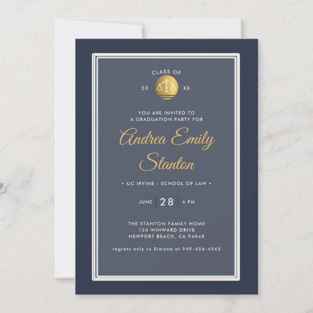 Law School Graduation Scales of Justice Navy Frame Invitation (Front)