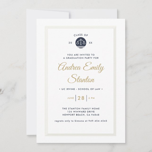 Law School Graduation Scales of Justice Navy Gold Invitation (Front)