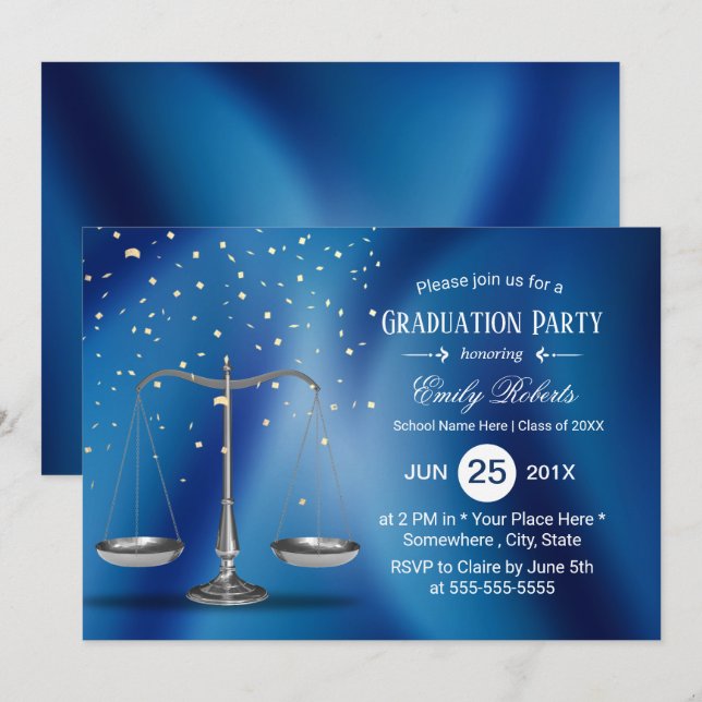 Law School Graduation Silver Scales Navy Blue Invitation (Front/Back)