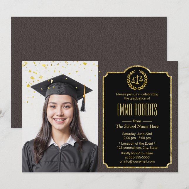 Law School Lawyer Graduation Elegant Brown Photo Invitation (Front/Back)