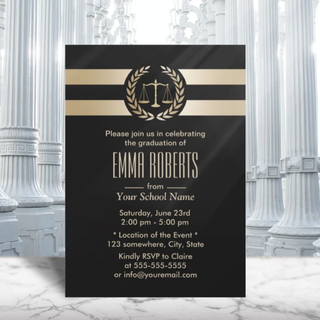Law School Lawyer Graduation Modern Black & Gold Invitation (Creator Uploaded)