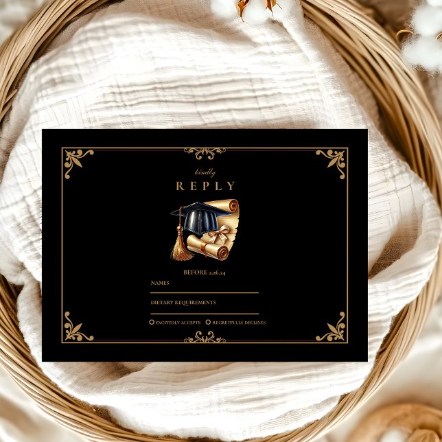 Law School Lawyer Graduation Modern Black  Gold  RSVP Card (Creator Uploaded)
