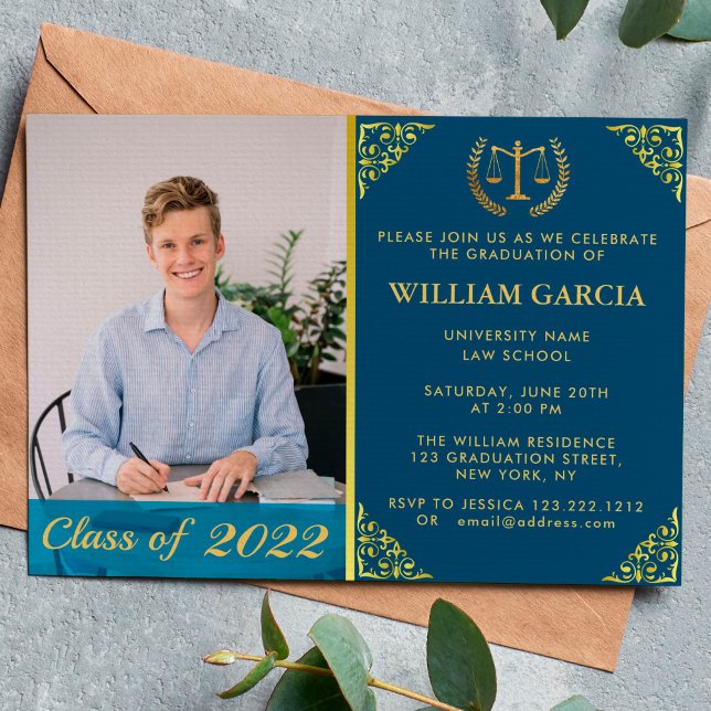 Law School Navy Graduation Party Laurel Wreath Invitation (Creator Uploaded)