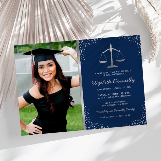 Law School Photo Blue Silver Graduation Party Invitation (Creator Uploaded)