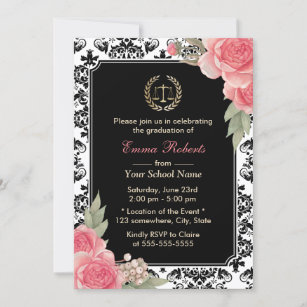 Law School Vintagr Floral & Damask Graduation Invitation
