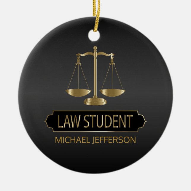 Law Student  - Black and Gold Ceramic Tree Decoration (Front)