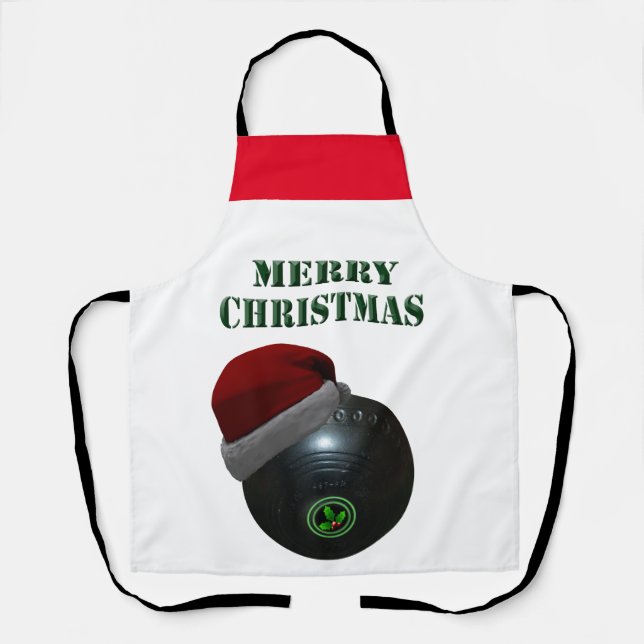 Lawn Bowl Wearing A Santa Hat, Apron (Front)