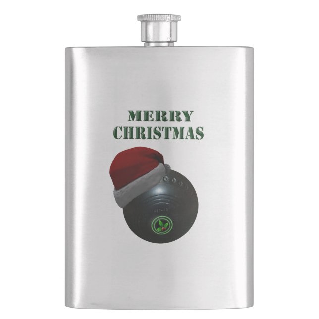 Lawn Bowl Wearing A Santa Hat Merry Christmas, Hip Flask (Front)