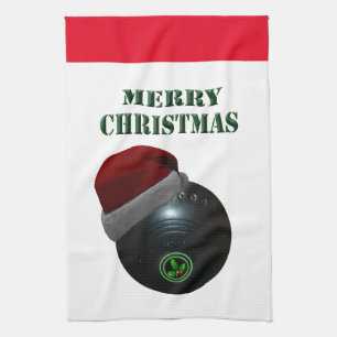 Lawn Bowl Wearing A Santa Hat, Tea Towel