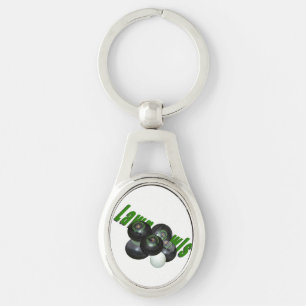Lawn Bowls And Logo, Silver Metal Oval Keyring. Key Ring