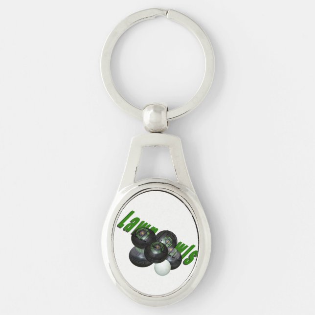 Lawn Bowls And Logo, Silver Metal Oval Keyring. Key Ring (Front)