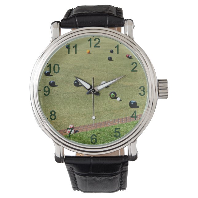 Lawn Bowls Bring It On, Mens Leather Watch (Front)