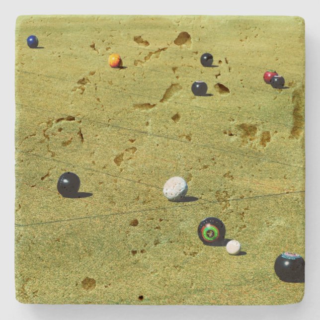 Lawn Bowls Game Action, Stone Coaster (Front)