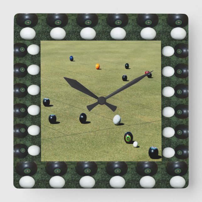 Lawn Bowls Game With Lawn Bowls Picture Frame, Square Wall Clock (Front)