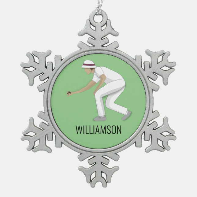 Lawn Bowls Snowflake Pewter Christmas Ornament (Front)