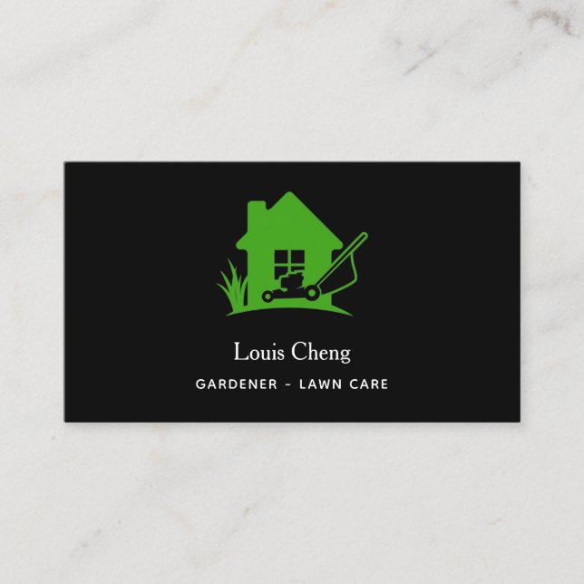 Lawn care gardening black green mower business card (Front)