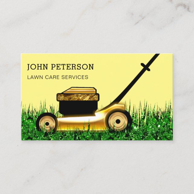 Lawn Care Gardening Grass Cutting Services Yellow Business Card (Front)