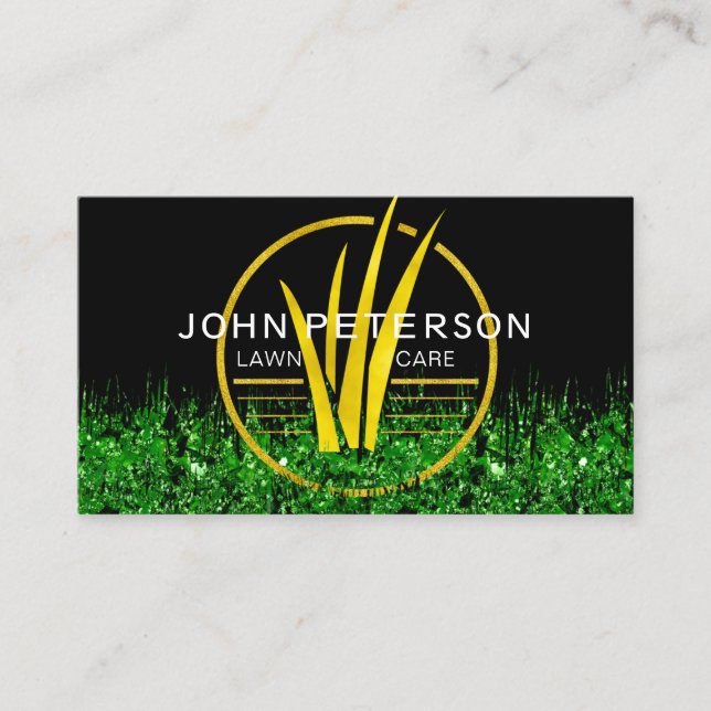 Lawn Care Gardening Landscape Grass Logo Gold Business Card (Front)