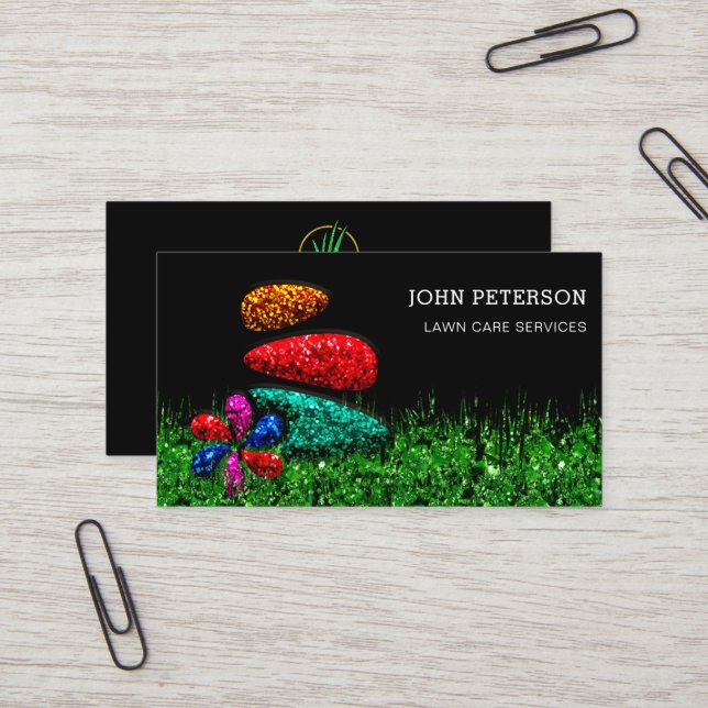 Lawn Care Gardening Landscape Services Grass Logo Business Card (Front/Back In Situ)