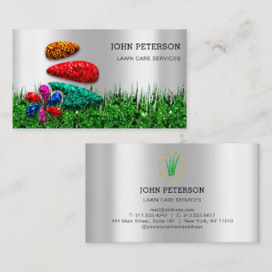 Lawn Care Gardening Landscape Services Logo Silver Business Card