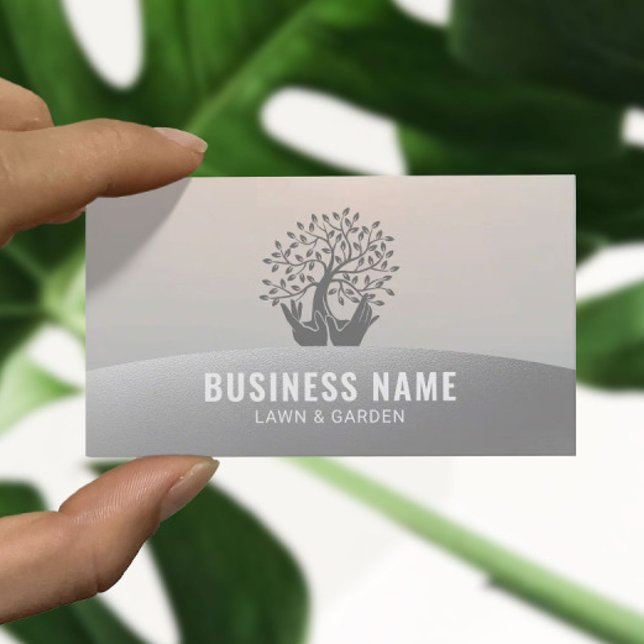 Lawn Care Hands Holding Tree Silver Landscaping Business Card (Creator Uploaded)