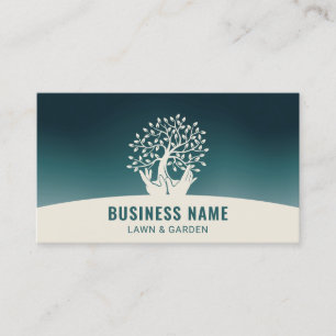 Lawn Care Hands Holding Tree Teal Landscaping Business Card