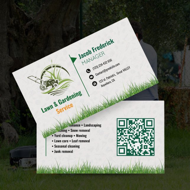 Lawn Care & Landscaping Business Card – Green & Wh (Lawn Care & Landscaping Business Card – Green & White wiith Paper Background and QR code )