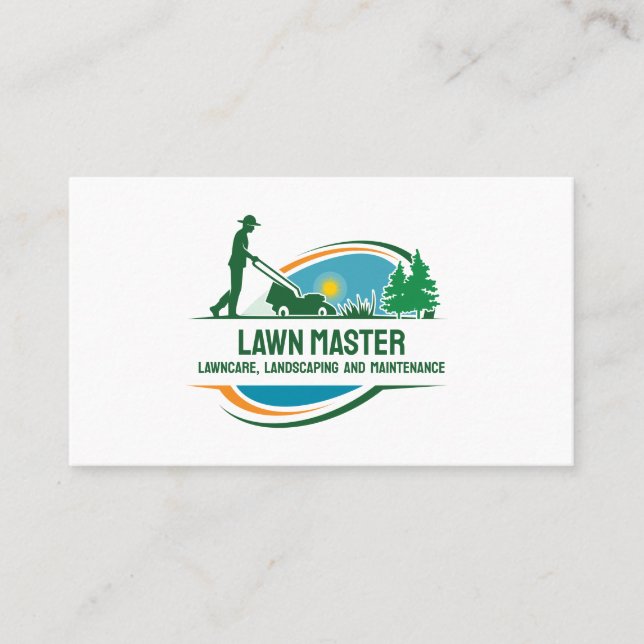 Lawn Care Landscaping Garden Man With Mower Business Card (Front)