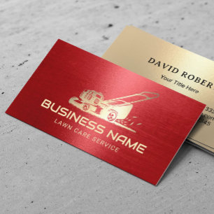 Lawn Care & Landscaping Gold Mower Logo Red Business Card