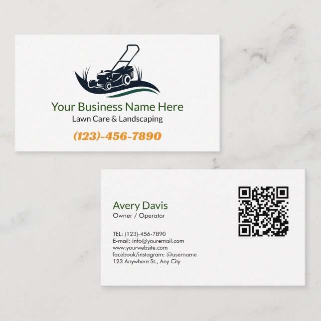 Lawn Care Landscaping Logo QR Code Garden Services Business Card (Front/Back)