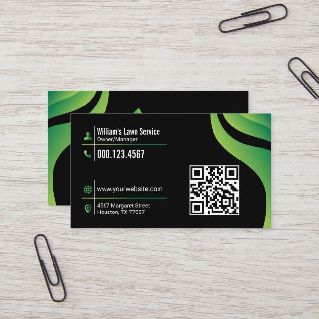 Lawn Care Landscaping Mowing Black & Green Business Card (Front/Back In Situ)