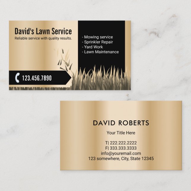 Lawn Care Landscaping Mowing Modern Gold Business Card (Front/Back)