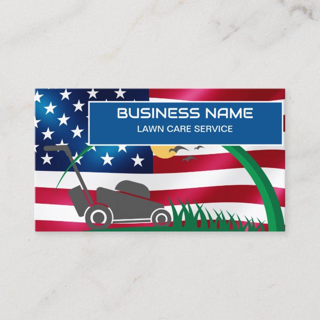 Lawn Care & Landscaping Riding Mower USA Flag Busi Business Card (Front)