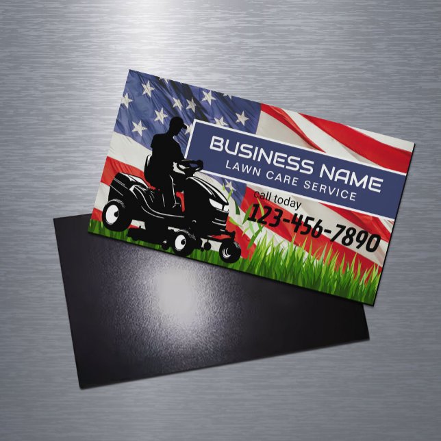 Lawn Care & Landscaping Riding Mower USA Flag Magnetic Business Card (Creator Uploaded)