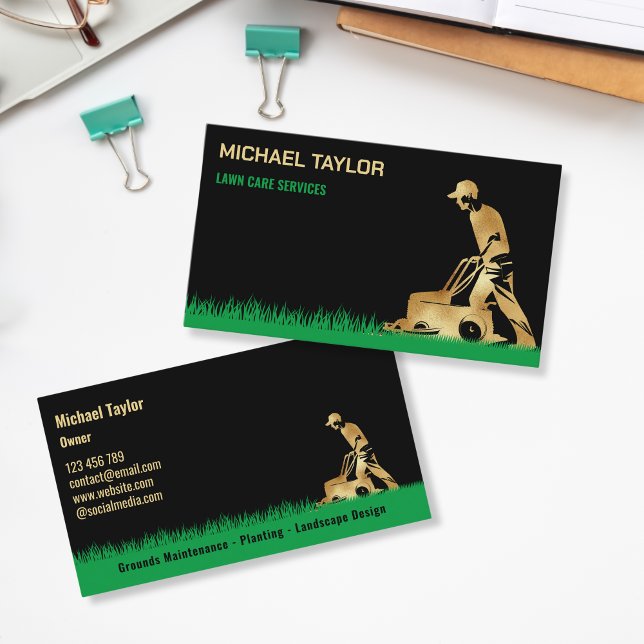 Lawn Care Mower Landscape Gardening Business Card (golden mower)