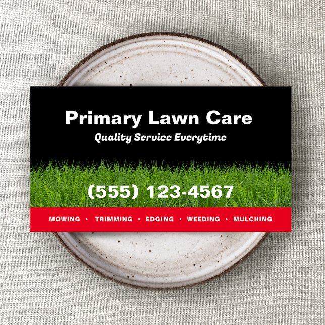 Lawn Care Mowing Landscaping Red Black Business Card (Creator Uploaded)