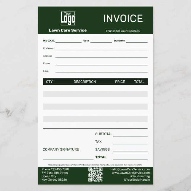 Lawn Care Service Logo QR Code Business Invoice (Front)