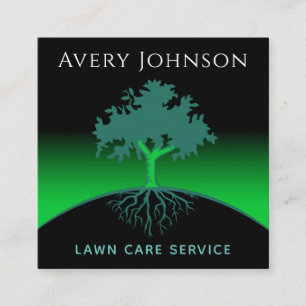 Lawn Care Service Wise Tree & Roots Green Neon Square Business Card