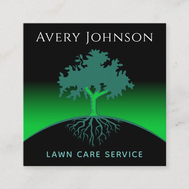 Lawn Care Service Wise Tree & Roots Green Neon Square Business Card (Front)