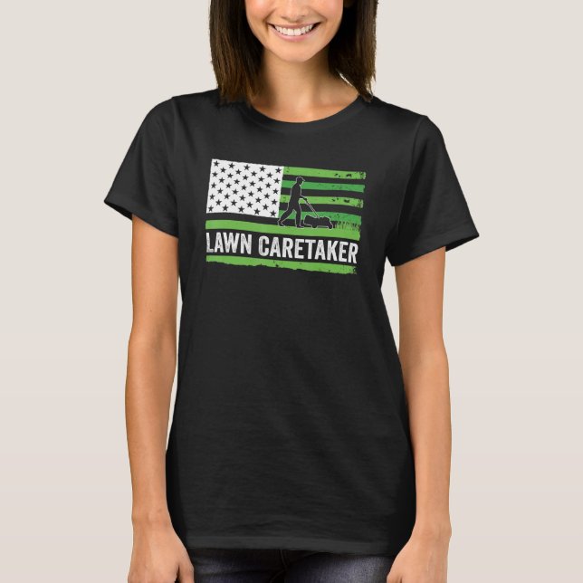 Lawn Care Taker Us Flag Lawn Mower T-Shirt (Front)