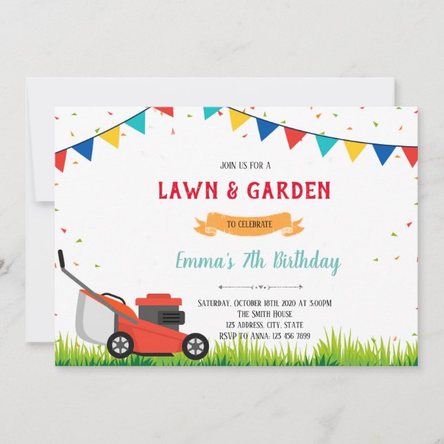 Lawn mower garden party invitation (Front)