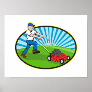 Lawn Mower Man Gardener Cartoon Poster