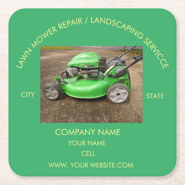 Lawn mower repair / landscaping square paper coaster (Front)