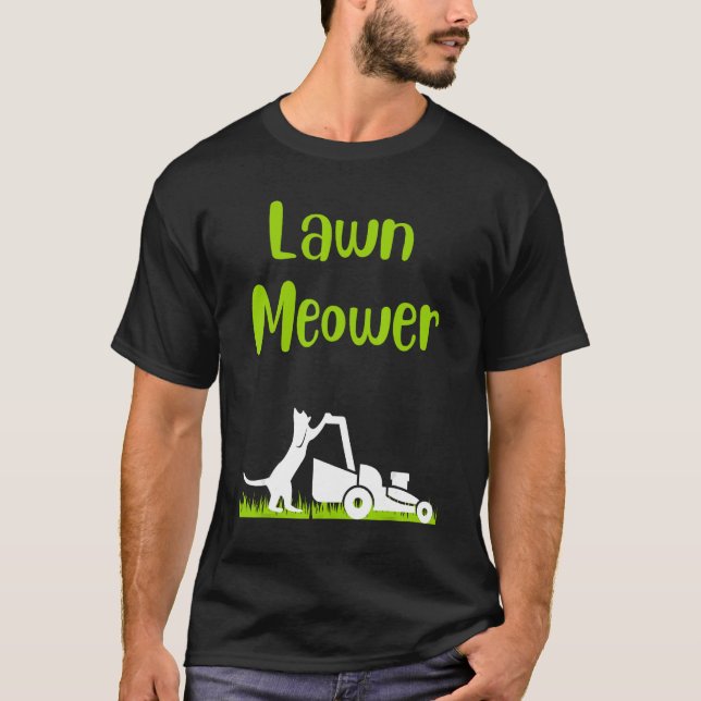 Lawn mowing standing cat cutting grass meowing pun T-Shirt (Front)