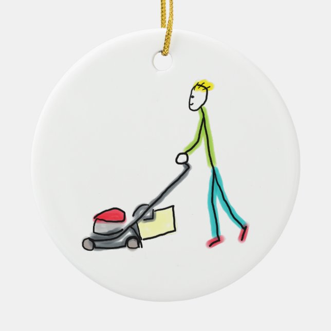 Lawn Mowing Stickman Ceramic Tree Decoration (Front)