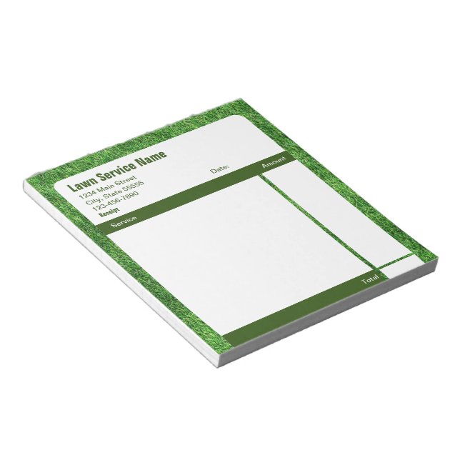 Lawn Service Green Business Sales Receipt Notepad (Angled)