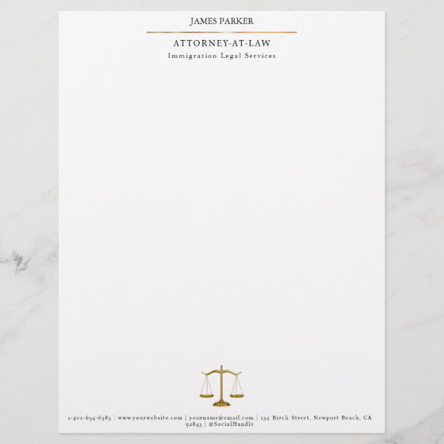 Lawyer Attorney At Law Classy White Custom Letterhead (Front)