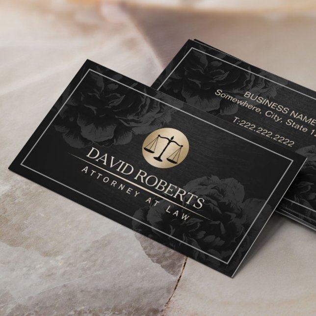 Lawyer Attorney at Law Elegant Black Floral Business Card (Creator Uploaded)