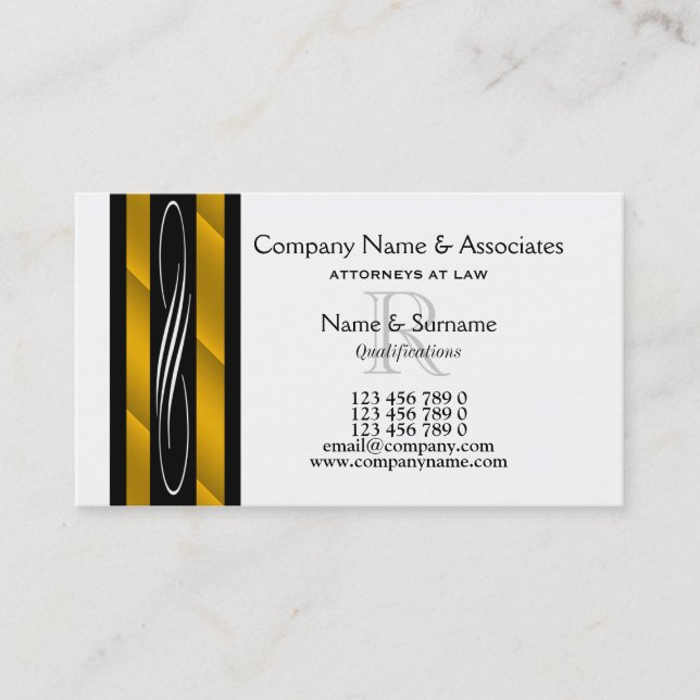 Lawyer attorney gold black white business card (Front)