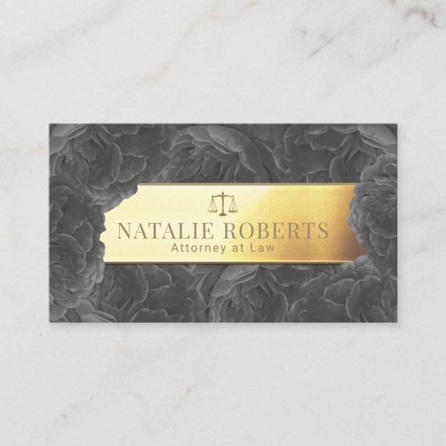 Lawyer Attorney Gold Label Elegant Grey Floral Business Card (Front)